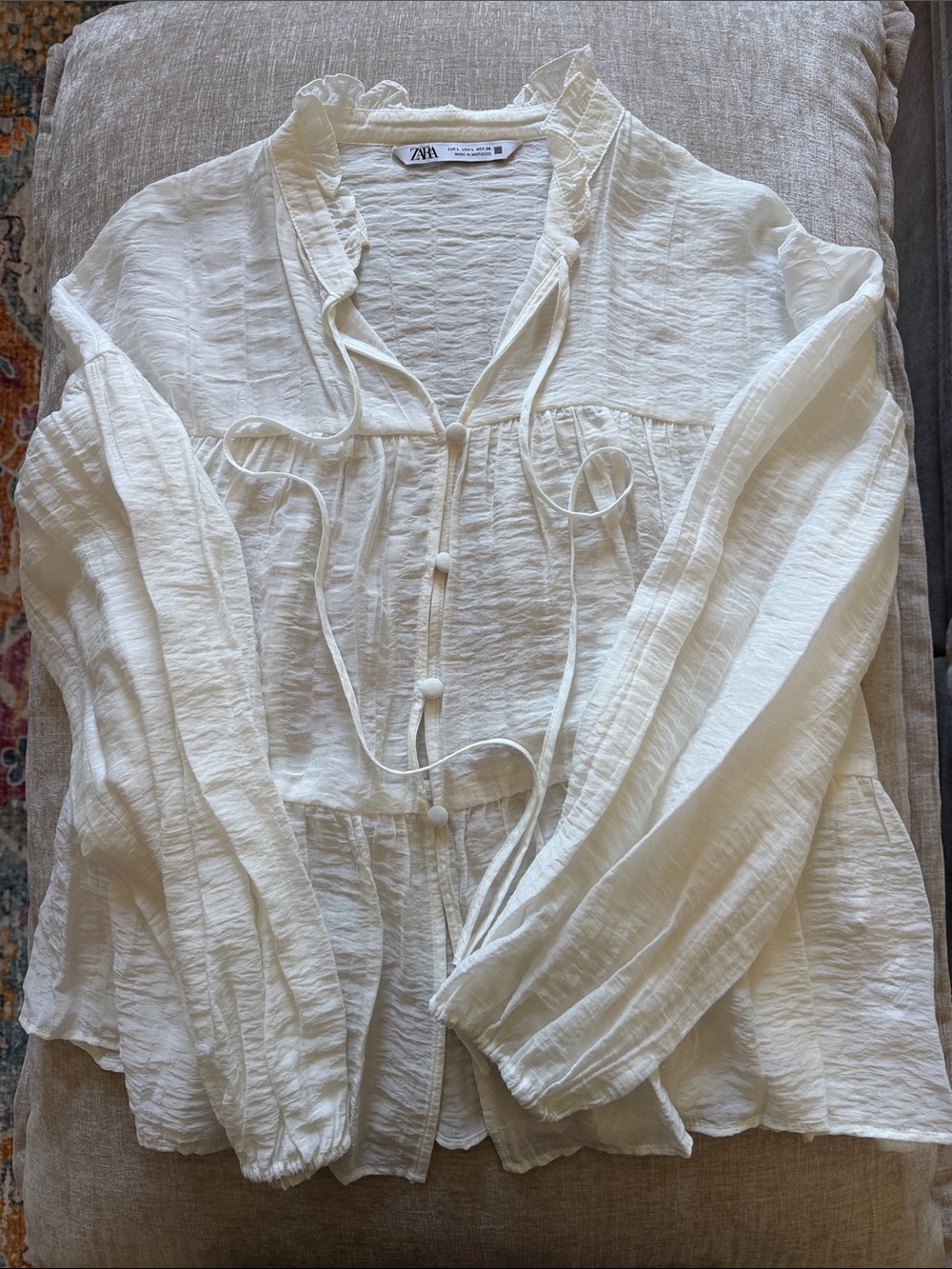 ZARA Ivory Ruffle Tie-Front Textured Blouse